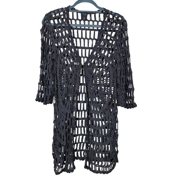 Chico’s Travelers Charcoal Plum Crochet Open Front Cardigan Longline Rayon - Picture 2 of 10